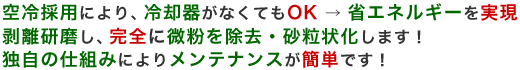 空冷採用により、冷却器がなくてもOK 省エネルギーを実現。剥離研磨し、完全に微粉を除去・砂粒状化します!独自の仕組みによりメンテナンスが簡単です!